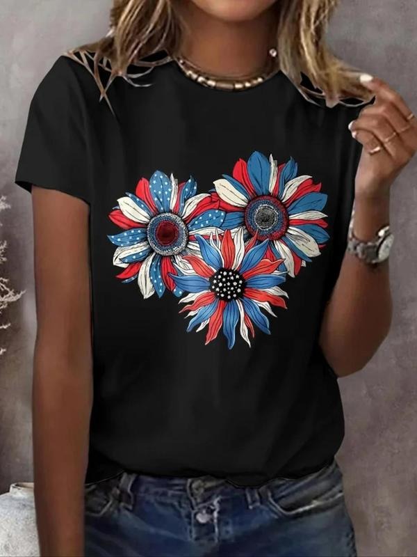 Women's Floral Print Round Neck Tee, Trendy Casual Short Sleeve Crew Neck T-shirt for Daily Wear, Ladies Summer Outfit...