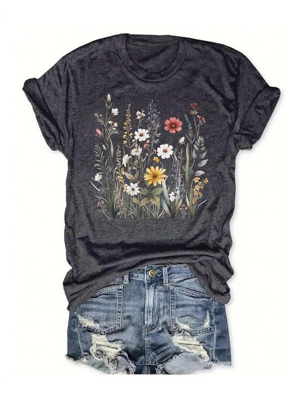 Women's Floral Print Round Neck Tee, Vintage Trendy Casual Fitted Short Sleeve T-Shirt for Daily Wear, Ladies Summer Top...