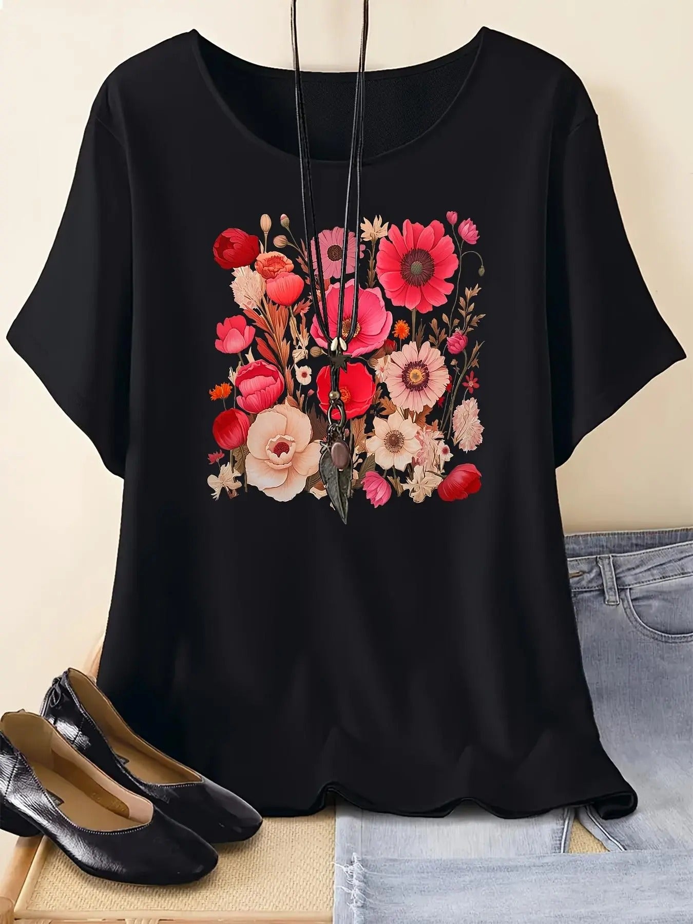 Women's Floral Print Round Neck Tee, Vintage Trendy Casual Short Sleeve T-shirt for Daily Wear, Ladies Summer Outfit...