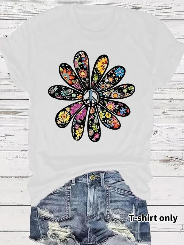 Women's Floral Print Round Neck Tee, Vintage Trendy Casual Short Sleeve T-shirt for Daily Wear, Ladies Summer, Top style...