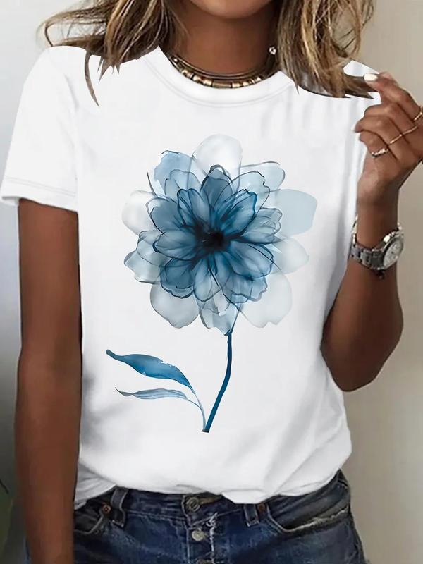 Women's Floral Print Round Neck Tee, Vintage Trendy Casual Short Sleeve T-shirt for Daily Wear, Ladies Summer, Top style...