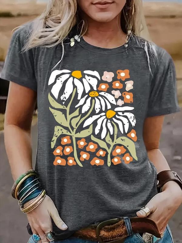 Women's Floral Print Round Neck Tee, Vintage Trendy Casual Short Sleeve T-shirt for Daily Wear, Ladies Summer, Top style...