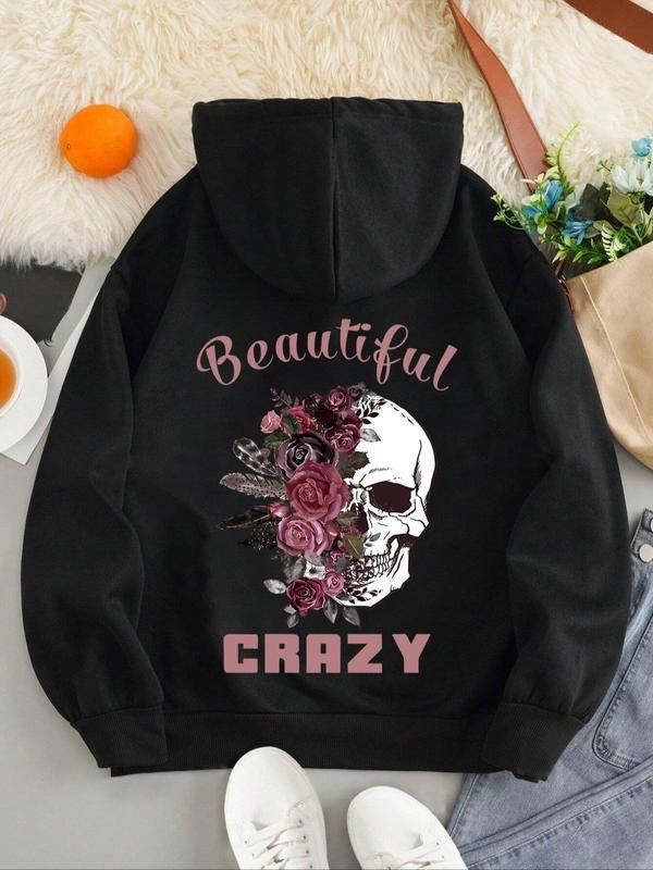 Women's Floral Skull & Letter Print Drawstring Pocket Hoodie, Casual Drop Shoulder Long Sleeve Hooded Sweatshirt, Ladies...