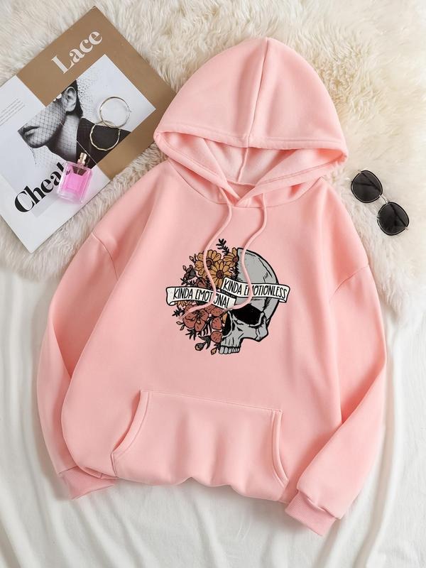 Women's Floral Skull & Letter Print Drop Shoulder Hoodie, Fashion Casual Drawstring Pocket Hooded Sweatshirt for Daily...