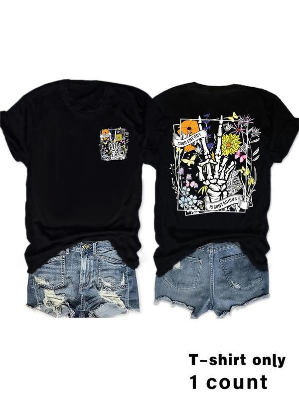 Women's Floral Skull Hand Print Vintage Casual Summer Top, Round Neck Short Sleeve T-Shirt, Comfortable Breathable Fit...