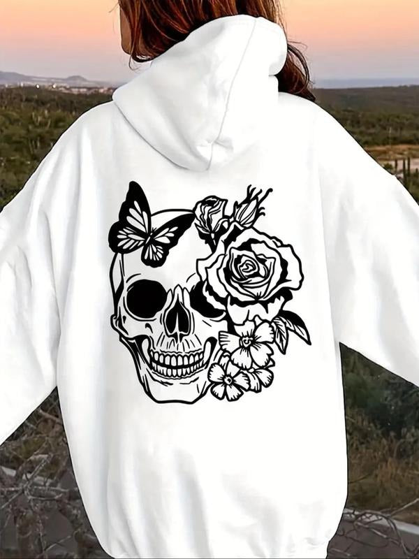 Women's Floral Skull Print Drawstring Pocket Hoodie, Casual Drop Shoulder Long Sleeve Hooded Sweatshirt, Ladies Fall &...