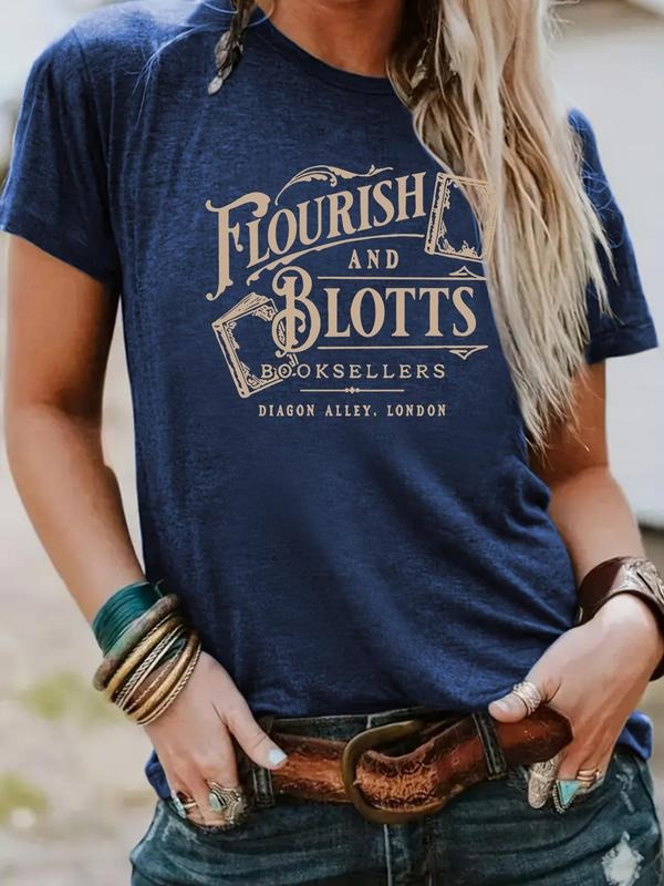 Women's Florish & Blotts Letter Print Round Neck Tee, Vintage Trendy Casual Short Sleeve T-shirt for Daily Wear, Ladies...