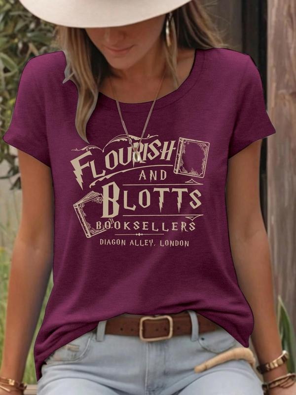 Women's Florish and Blotts Book Shop Round Neck Graphic Tee, Vintage Trendy Casual Book Shop Short Sleeve T-shirt for...