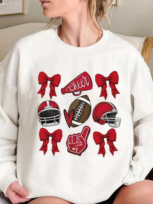 Women's Football & Bow Print Drop Shoulder Sweatshirt, Casual Long Sleeve Round Neck Pullover for Fall & Winter, Ladies...