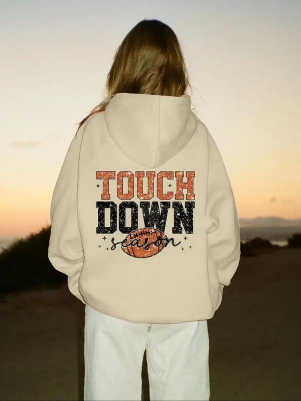 Women's Football & Letter Print Drawstring Hoodie, Casual Long Sleeve Hooded Sweatshirt for Fall & Winter, Women's...