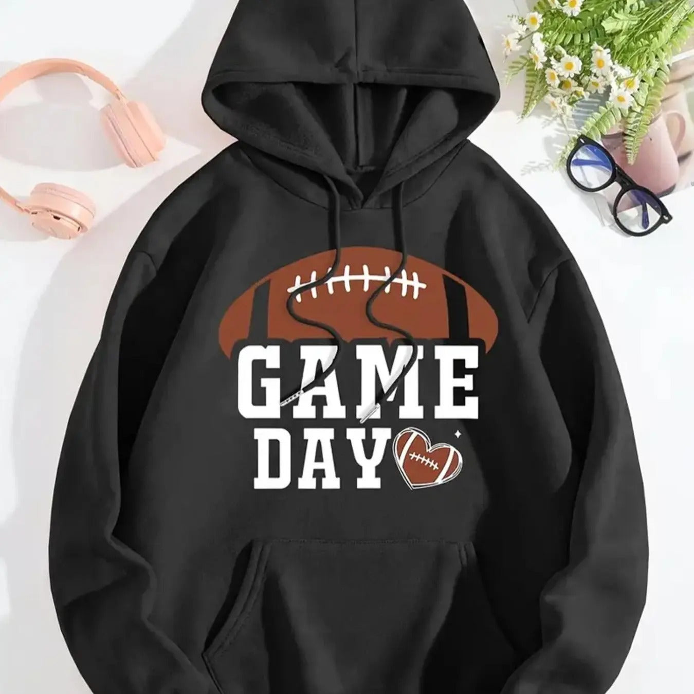 Women's Football & Letter Print Drawstring Hoodie, Casual Long Sleeve Kangaroo Pocket Hooded Sweatshirt for Fall &...