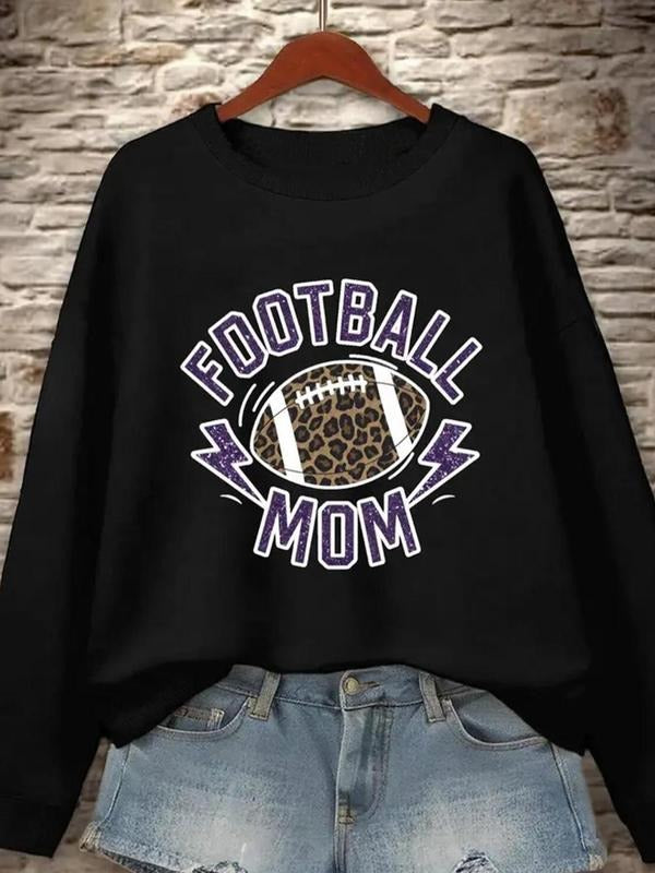 Women's Football & Letter Print Round Neck Sweatshirt, Casual Long Sleeve Crew Neck Pullover for Fall & Winter, Women's...