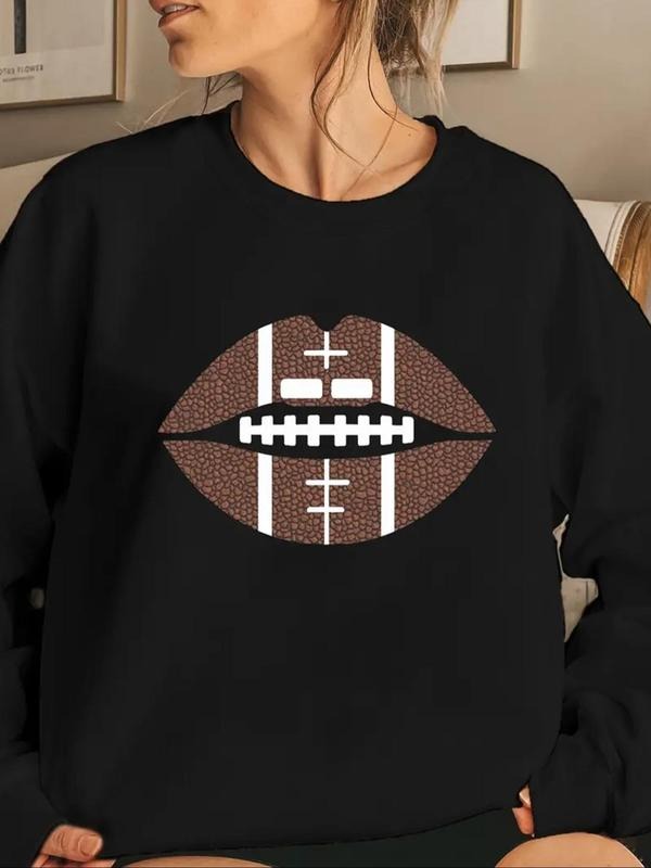 Women's Football Mouth Print Drop Shoulder Sweatshirt, Casual Long Sleeve Round Neck Pullover for Fall & Winter, Ladies...