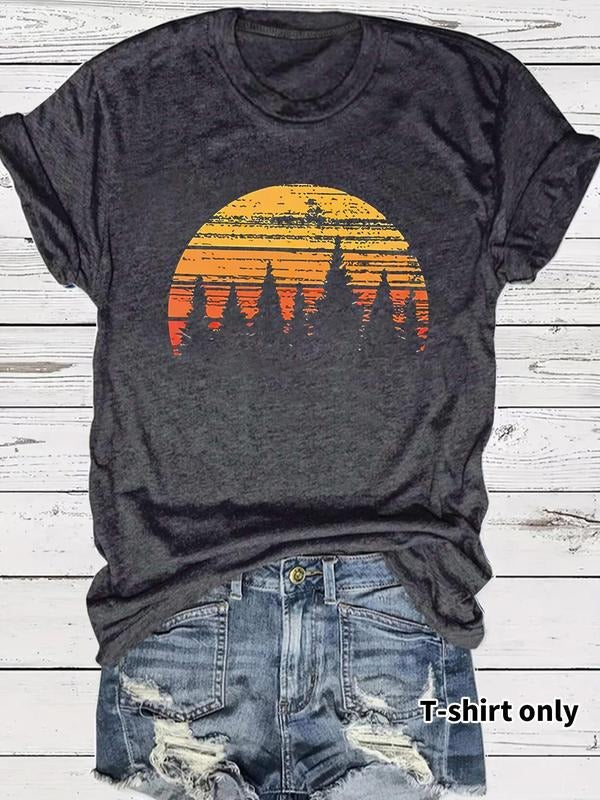 Women's Forest & Sunset Print Round Neck Tee, Casual Short Sleeve Crew Neck T-shirt for Summer, Fashion Women's Top for...