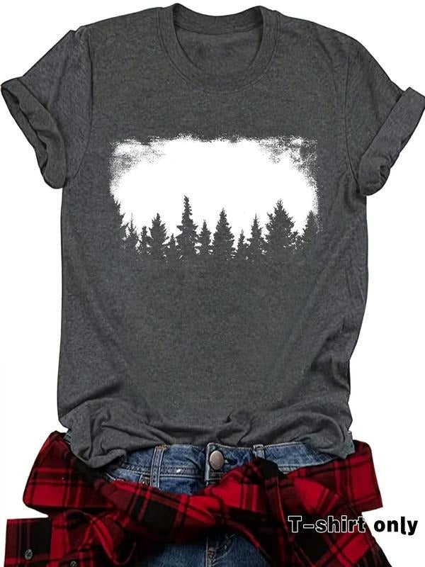Women's Forest Print Round Neck Tee, Casual Short Sleeve Crew Neck T-Shirt for Summer, Fashion Women's Top for Daily Wear...