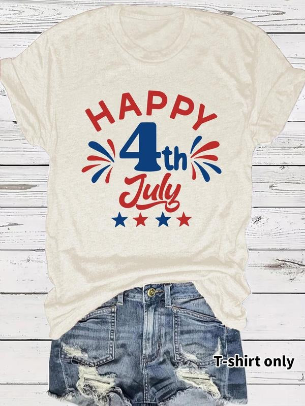 Women's Fourth Of July Print Round Neck Tee, Casual Short Sleeve Crew Neck T-Shirt for Summer, Fashion Women's Top for...