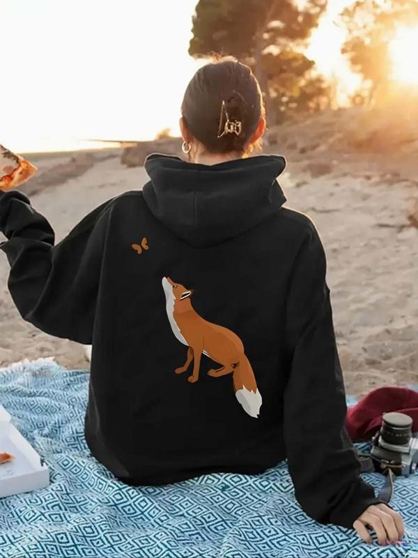 Women's Fox & Butterfly Print Drop Shoulder Hoodie, Fashion Casual Drawstring Pocket Hooded Sweatshirt for Daily Holiday...