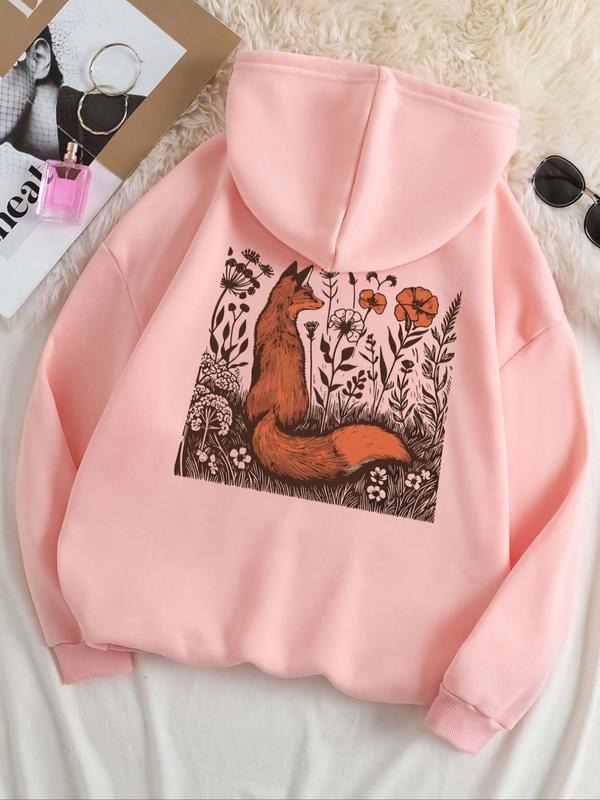 Women's Fox & Floral Print Drop Shoulder Hoodie, Fashion Casual Drawstring Pocket Hooded Sweatshirt for Daily Holiday...