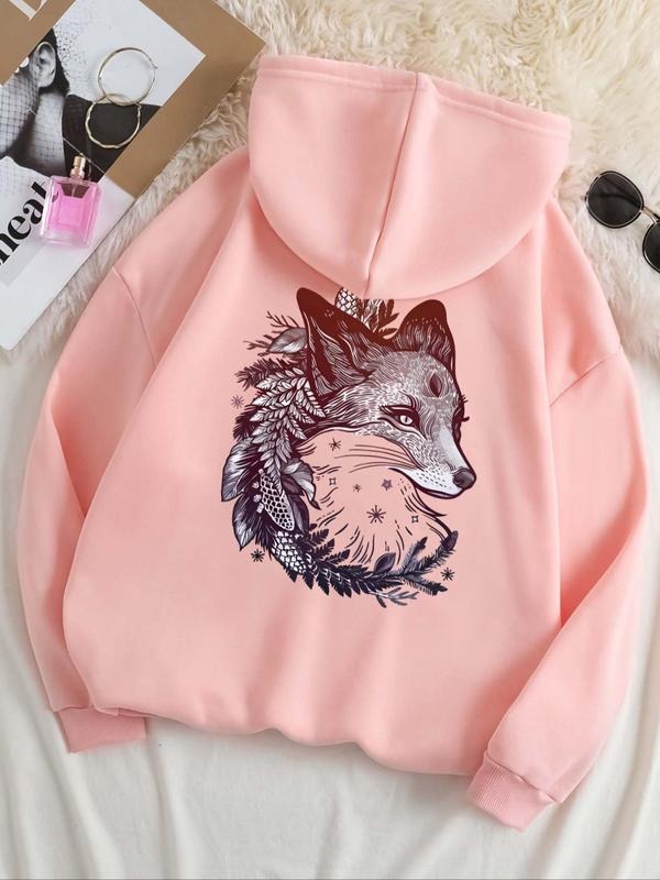 Women's Fox Print Drop Shoulder Drawstring Hoodie, Fashion Casual Pocket Hooded Sweatshirt for Daily Holiday Outdoor...