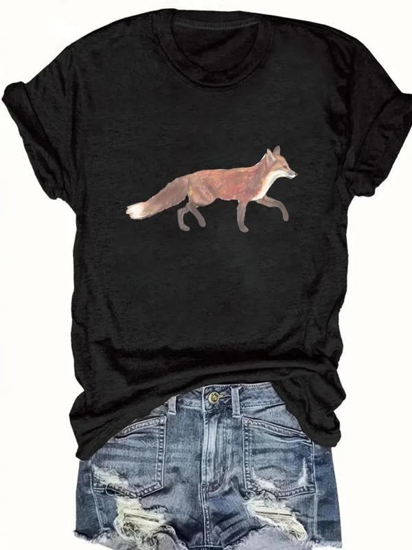 Women's Fox Print Round Neck Tee, Casual Short Sleeve Crew Neck T-shirt for Daily Wear, Ladies Clothes for Summer Hoodie,...