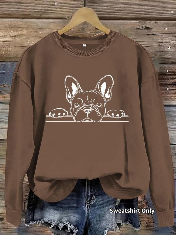 Women's French Bulldog Print Crew Neck Sweatshirt, Casual Long Sleeve Pullover for Daily Wear, Ladies Fall & Winter...