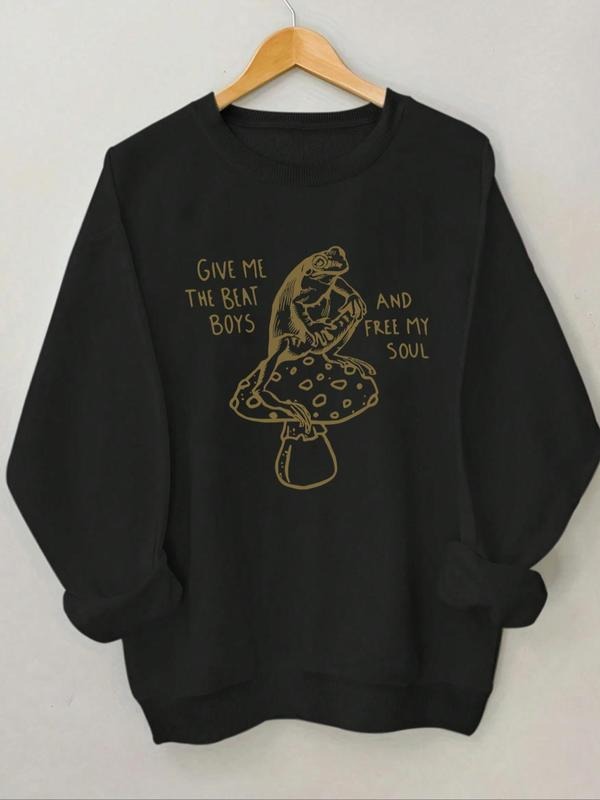 Women's Frog & Mushroom Print Round Neck Sweatshirt, Casual Long Sleeve Crew Neck Pullover for Spring & Fall, Fashion...