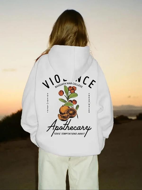 Women's Fruit & Letter Print Drawstring Hoodie, Casual Long Sleeve Kangaroo Pocket Hooded Sweatshirt for Fall & Winter,...