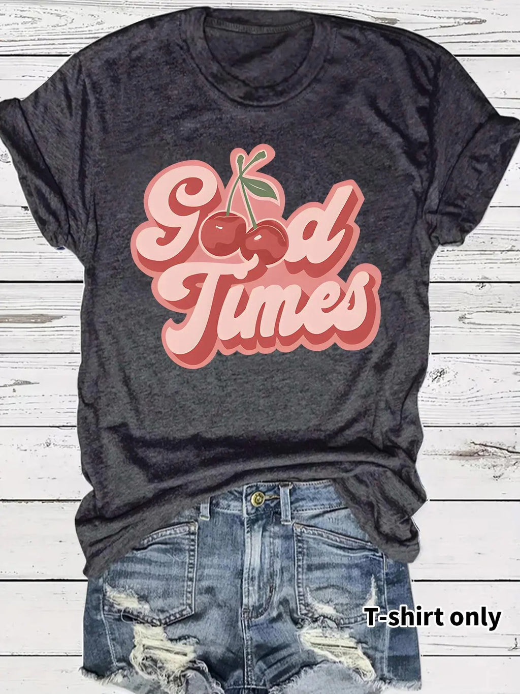 Women's Fruit & Letter Print Round Neck Tee, Casual Short Sleeve Crew Neck T-shirt for Summer, Fashion Women's Top for...