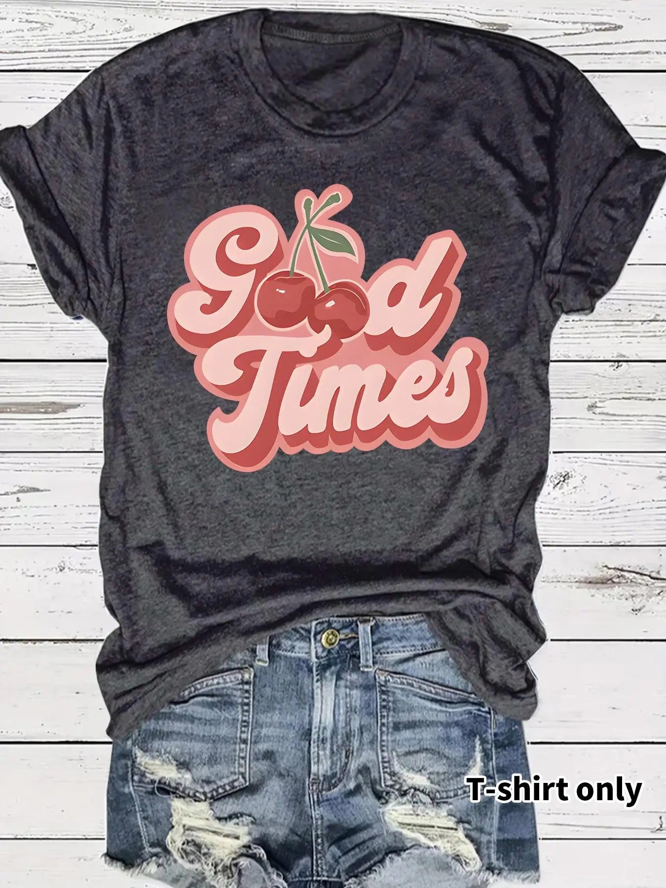 Women's Fruit & Letter Print Round Neck Tee, Casual Short Sleeve Crew Neck T-shirt for Summer, Fashion Women's Top for...