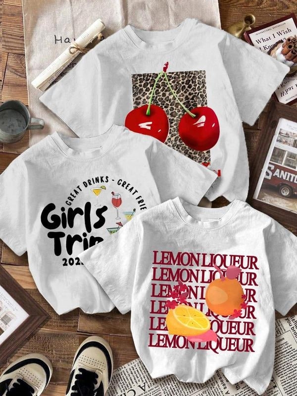 Women's Fruit & Letter Print Round Neck Tee, Casual Short Sleeve Crew Neck T-shirt for Summer, Fashion Women's Top for...
