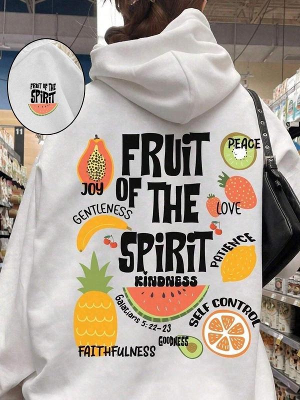 Women's Fruit Print Drop Shoulder Thermal Lined Hoodie, Fashion Casual Drawstring Pocket Hooded Sweatshirt for Daily...