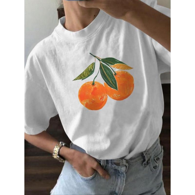 Women's Fruit Print Round Neck Graphic Tee, Casual Vintage Drop Shoulder Short Sleeve T-Shirt for Summer, Ladies Clothes...