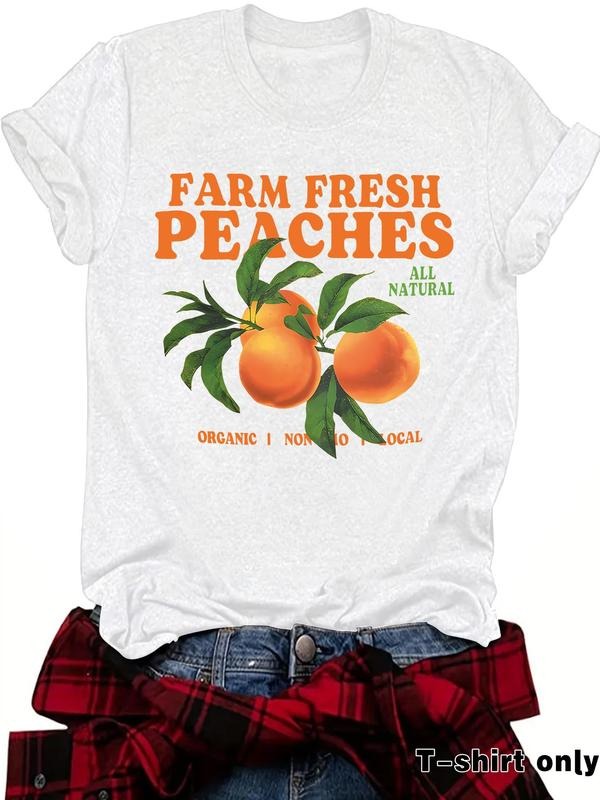 Women's Fruit Print Round Neck Tee, Casual Letter Graphic Short Sleeve T-shirt for Summer, Ladies Clothes for Daily Wear...
