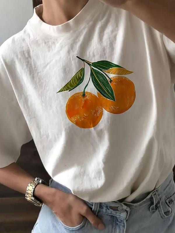 Women's Fruit Print Round Neck Tee, Casual Short Sleeve Crew Neck T-Shirt for Summer, Fashion Women's Top for Daily Wear...