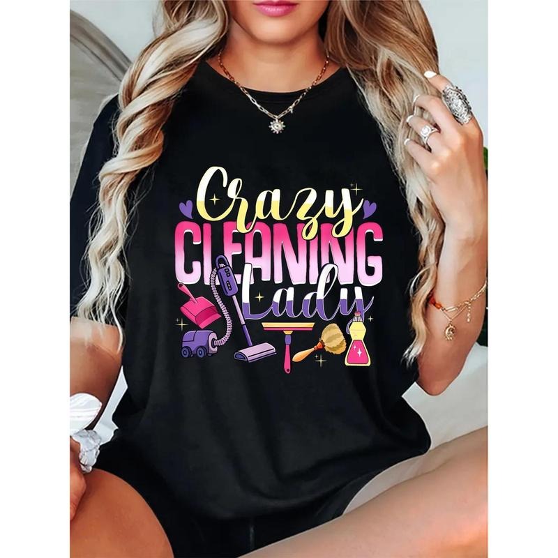 Women's Funny "Crazy Cleaning Lady" Graphic T-Shirt