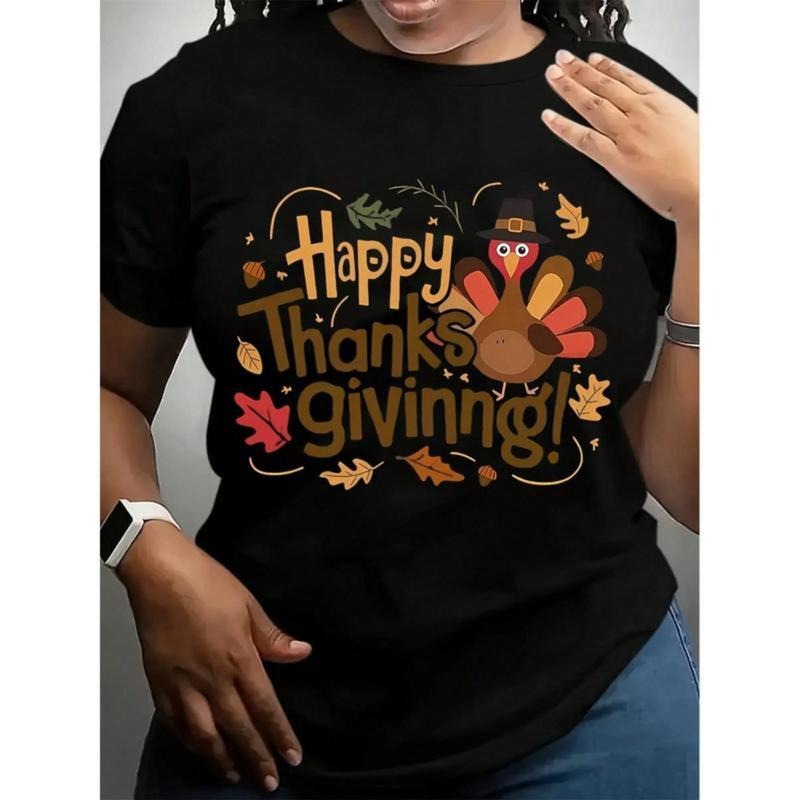 Women's Funny Thanksgiving  Graphic T-Shirt - White,Black Crew Neck Tee With Pumpkin & Autumn Leaves Design