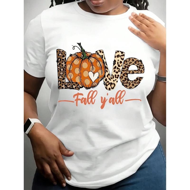 Women's Funny Thanksgiving  Graphic T-Shirt - White,Black Crew Neck Tee With Pumpkin & Autumn Leaves Design - Non-Stretch...
