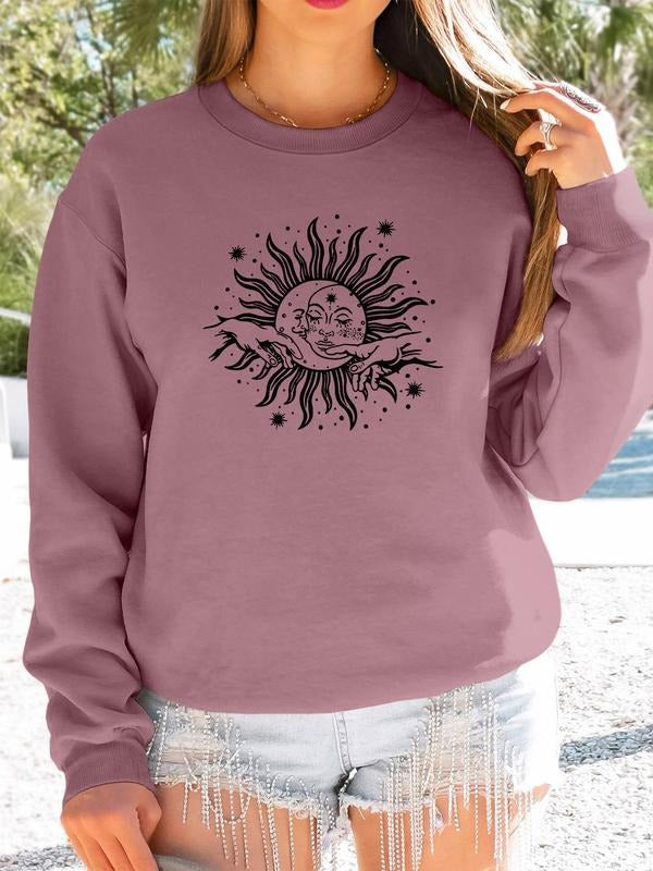Women's Galaxy Print Long Sleeve Pullover Sweatshirt, Casual Fitted Round Neck Top for Fall & Winter, Available in 9...