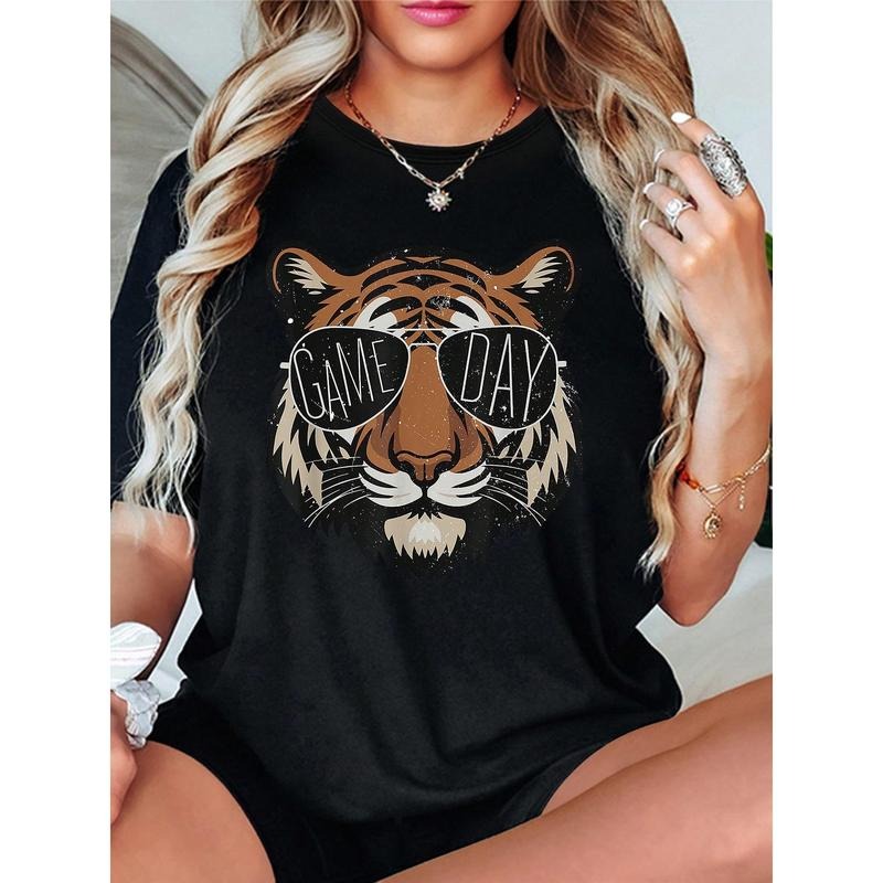 Women's Game Day Tiger Graphic T-Shirt With Glasses Print, Casual Crew Neck Tee With Medium Stretch, Versatile All-Season...