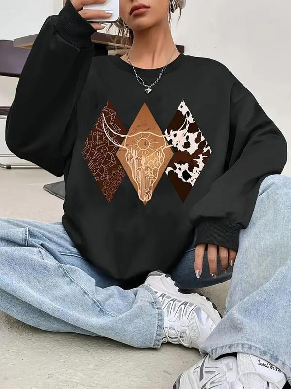 Women's Geometric & Bull Head Print Drop Shoulder Sweatshirt, Casual Long Sleeve Round Neck Pullover for Daily Wear,...