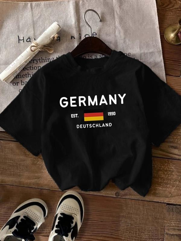Women's Germany Flag & Letter Print Round Neck Graphic Tee, Vintage Trendy Casual Short Sleeve T-shirt for Daily Wear,...