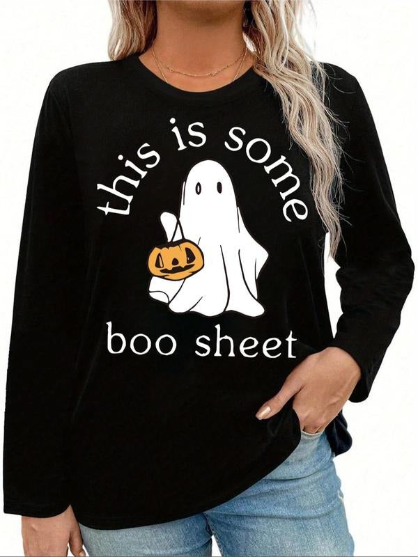 Women's Ghost & Boo Sheet Round Neck Tee, Casual Halloween Long Sleeve T-shirt for Spring & Fall, Women's Top for Daily...