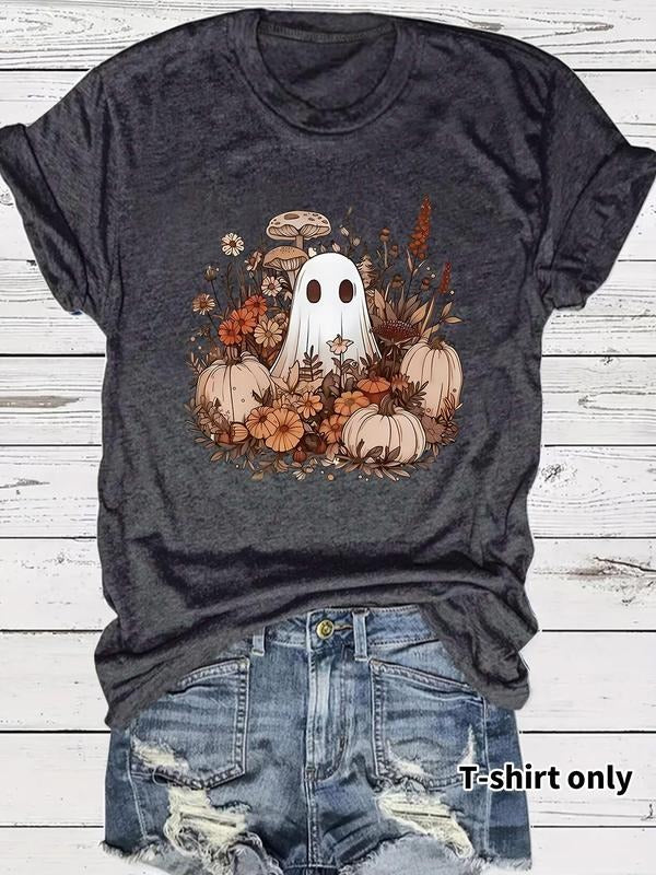 Women's Ghost & Floral Print Round Neck Tee, Casual Short Sleeve Crew Neck T-Shirt for Summer, Fashion Women's Top for...
