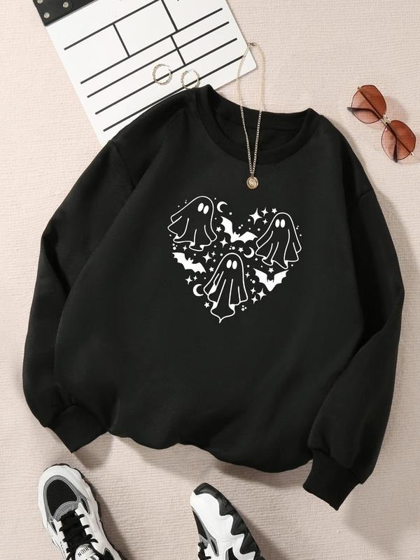 Women's Ghost & Heart Print Drop Shoulder Sweatshirt, Casual Long Sleeve Round Neck Pullover for Fall & Winter, Ladies...