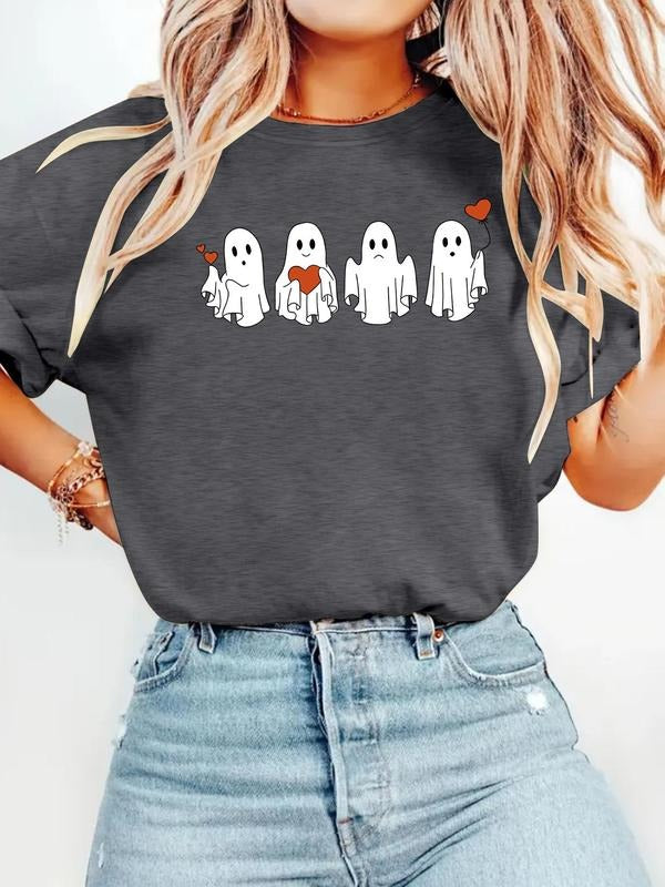 Women's Ghost & Heart Print Round Neck Tee, Casual Fashion Short Sleeve T-shirt for Summer, Ladies Clothes for Daily...