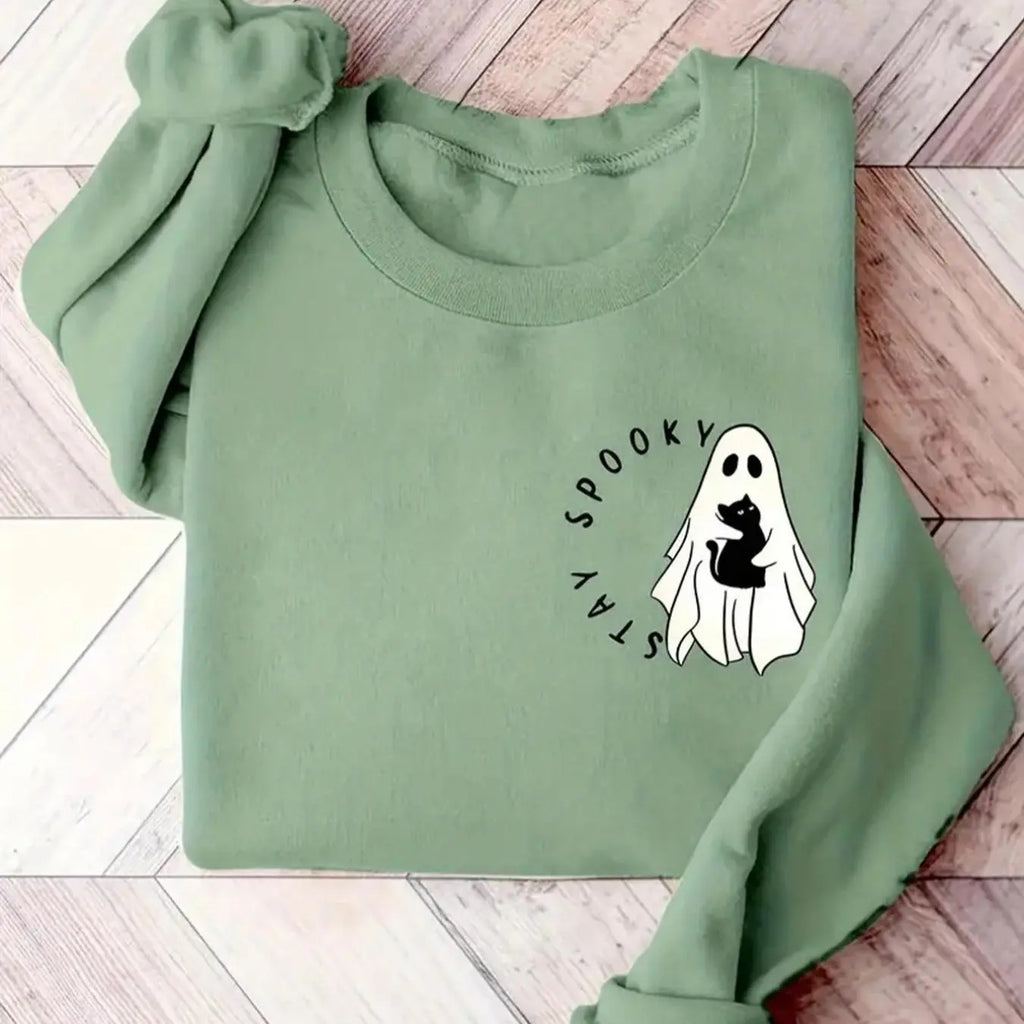 Women's Ghost & Letter Print Crew Neck Drop Shoulder Pullover, Casual Long Sleeve Sweatshirt for Fall & Winter, Ladies...
