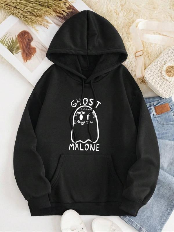 Women's Ghost & Letter Print Drop Shoulder Hoodie, Fashion Casual Drawstring Pocket Hooded Sweatshirt for Daily Holiday...