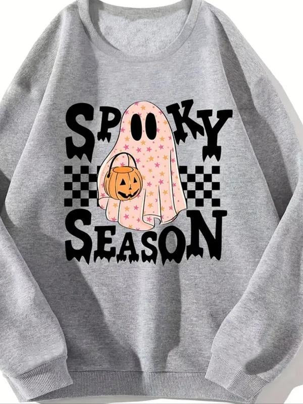 Women's Ghost & Letter Print Drop Shoulder Sweatshirt, Casual Long Sleeve Round Neck Pullover for Fall & Winter, Ladies...
