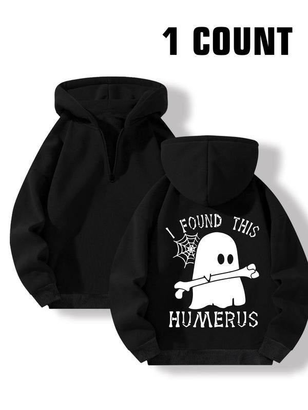 Women's Ghost & Letter Print Drop Shoulder Zip Up Hoodie, Fashion Casual Long Sleeve Hooded Sweatshirt for Daily Holiday...