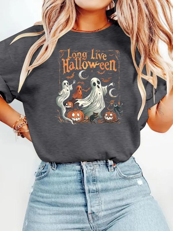 Women's Ghost & Letter Print Round Neck Tee, Casual Halloween Graphic Short Sleeve T-Shirt for Summer, Women's Top for...